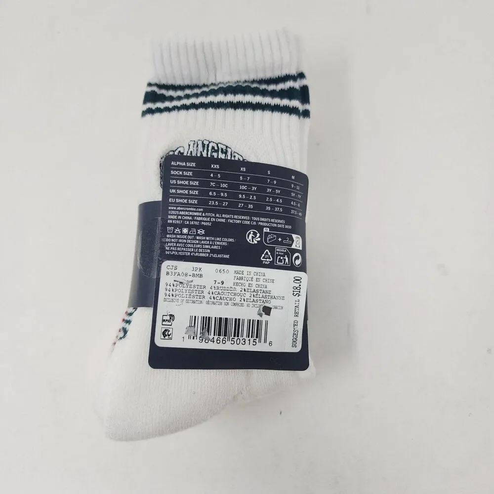 Abercrombie Kids Socks Youth XS White Striped City Crew 3 Pack Super Soft